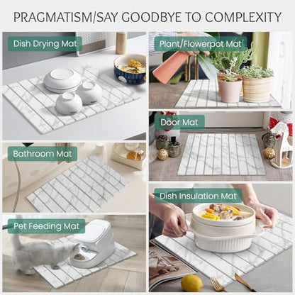 Stone Dish Drying Mat Collapsible Diatomaceous Earth Absorbent Mat Quick Dish Drying Pad Dish Rack Pad Match Any Counterto Multiple Usage for Kitchen,Bathroom (White Marble Pattern, 24"L x 16"W)