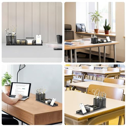 Pen Holder for Desk, 6-Piece Mesh Desk Organizer with Phone Holder, Black | 6-Piece Black Mesh Desk Set Includes Pen Cups, a Sticky Note Caddy and Phone Holder for Office, School, Home