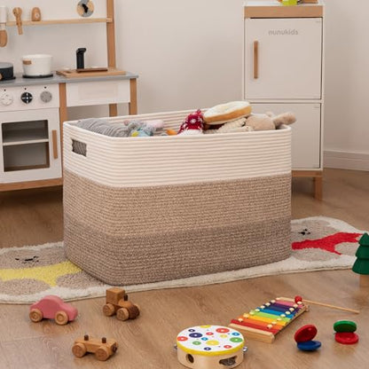 OIAHOMY 108L Super Large Blanket Basket, 25”x16”x16”(108L) Rectangle Woven Baskets for Storage, Cotton Rope Basket For Living Room, Toy Storage with Handle- Gradient Brown