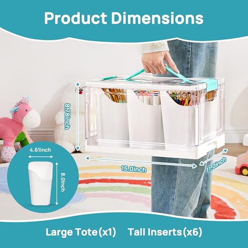Vtopmart 24 QT Clear Plastic Craft Organizer with Detachable Inserts,1 Pack | 6 Detachable Inserts for Flexible Sorting, Art Supply and Tool Storage Box for Craft, Crayon, Pencils and Creative Materials