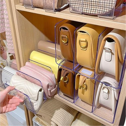 YAGELI Clear Acrylic Purse Organizer for Closet, 3-4 Section Desk File Sorter, 2.95" Wide Slots for Clutches, Handbags, Binders & Folders, Sturdy Stackable Bookshelf Organizer