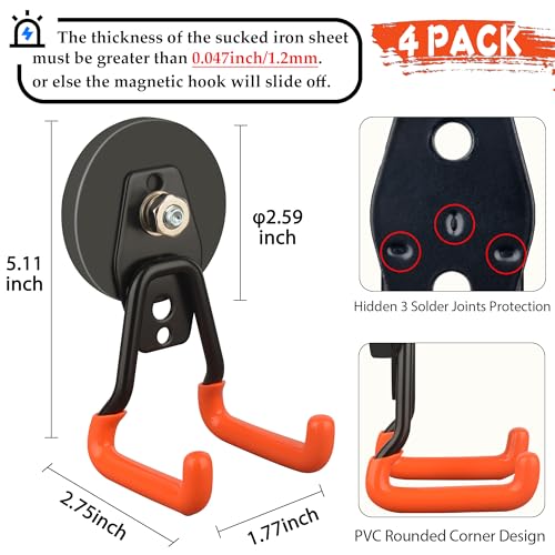 New Upgraded Heavy Duty Magnetic Garage Hooks,4 Pack Strong Large Magnet Hooks for Power Drill,Garden Tools,Hose,Pegboard,Garage, Workshop,Magnetic Storage Hook for Hanging(Orange)
