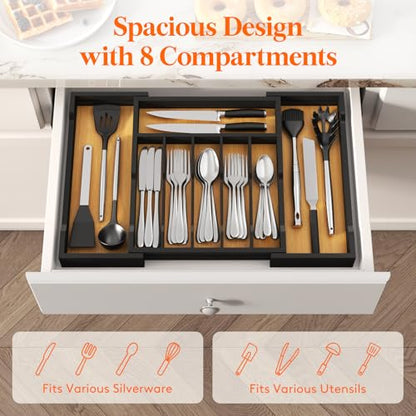 Silverware Drawer Organizer, Expandable Utensil Tr... (Natural & Black | Bamboo)