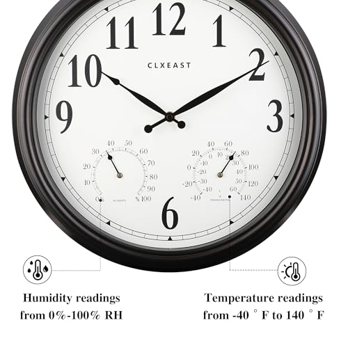 18 Inch Outdoor Clocks for Patio Waterproof & UV Resistant, Black | Built In Thermometer & Hygrometer,IP56 Weatherproof, Accurate & Easy to Read for Patio, Pool, Porch & Garden Decor