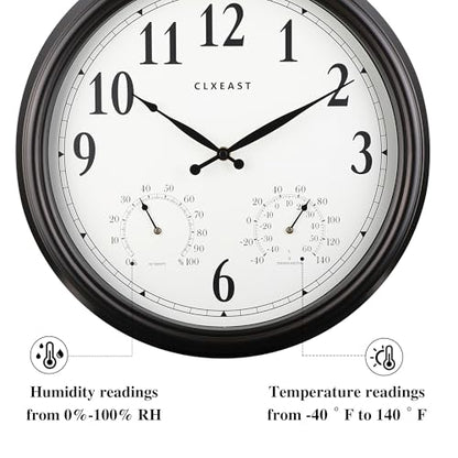 18 Inch Outdoor Clocks for Patio Waterproof & UV Resistant, Black | Built In Thermometer & Hygrometer,IP56 Weatherproof, Accurate & Easy to Read for Patio, Pool, Porch & Garden Decor