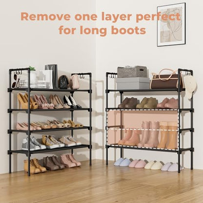 LANTEFUL 4 Tier Shoe Rack for Closet Shoe Organizer with 5 Hooks, Long Shoe Shelf Storage for Shoe and Boot Stackable Free Standing Shoe Rack for Entryway, Garage, Small Spaces, Dorm, Black