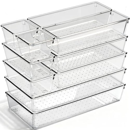 Drawer Organizer, 10 Pack Large Clear Plastic Organizer Bins 5 Sizes, Versatile Bathroom Drawer Trays, Heavy Duty Non‑Slip Drawer Dividers for Makeup, Office & Kitchen Utensils