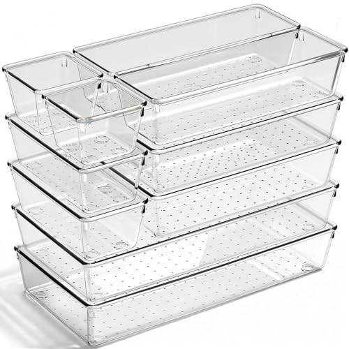 Drawer Organizer, 10 Pack Large Clear Plastic Organizer Bins 5 Sizes, Versatile Bathroom Drawer Trays, Heavy Duty Non‑Slip Drawer Dividers for Makeup, Office & Kitchen Utensils