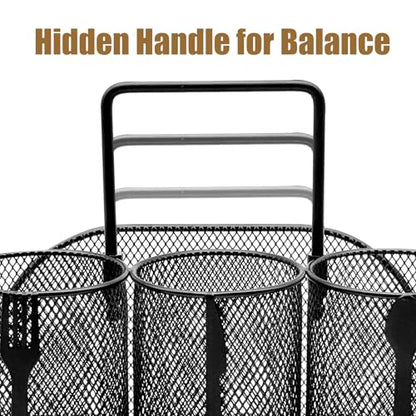 DysanVica Utensil Caddy Silverware Holder - 4 Compartment Metal Mesh Cutlery Fork Spoon Napkin Plate Organizer Flatware Storage Basket Party Kitchen Countertop Buffet Picnic Camping Outdoor BBQ Black