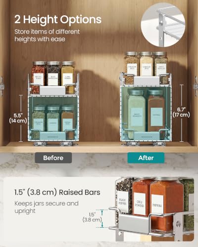SONGMICS 2 Tier Pull Out Spice Rack for inside Cabinets, Steel | Spice Organizer, Slide Out Cabinet Organizer, for Kitchen Cabinet Storage, Silver UKCS117E101