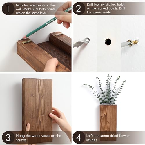 Wood Wall Planter Set of 2, Wood Wall Pocket for Greenery and Dried Flowers, Indoor Hanging Vase, Modern Farmhouse Wall Decor for Living Room Bedroom Office Eucalyptus Stems Decorations (Walnut)