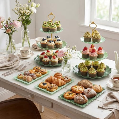 FoldTier 6 Pack Cupcake Stand Set 3 Pcs 3 Tier Gradient Dessert Table Display Stands Cookie Tray Rack 3 X14 in Rectangle Party Trays for Wedding Birthday Tea Party Baby Shower(Green,Round)