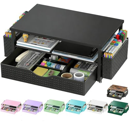 Desk Organizer and Accessories, Computer Monitor Stand Riser with Drawer and 2 Pen Holders, Office Desk Accessories & Workspace Organizers for Office Supplies (Black)