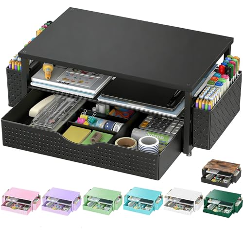 Desk Organizer and Accessories, Computer Monitor Stand Riser with Drawer and 2 Pen Holders, Office Desk Accessories & Workspace Organizers for Office Supplies (Black)