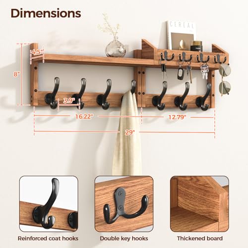Evermagin 29" Coat Rack Wall Mount with Shelf & 11 Hooks, Entryway, Brown | Wooden Wall Mounted Coat and Key Rack with Hooks, Key Hanger with Mail Holder for Living Room, Mudroom, Bedroom