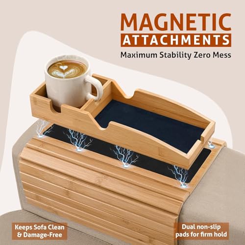 Magnetic Bamboo Couch arm tray - 3 in 1 Detachable Bamboo Sofa Arm Tray Table with Cup Holder - Foldable Non Slip Couch Armrest Table For Remote, Cell-Phone & Drinks, Snacks – Space-Saving,17.6"x13.3"
