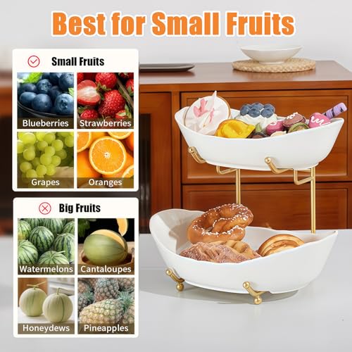 2 Tier Ceramic Fruit Bowl for Kitchen Counter, Tiered Fruit Basket for Countertop, Modern Multi Layer Fruit Display Stand for Party, Cute (Gold&White, Small) 1
