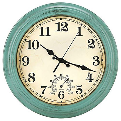 12 Inch Indoor/Outdoor Retro Waterproof Wall Clock with Thermometer,Vintage Battery Operated Silent Non Ticking Quartz Clock Wall Decorative for Kitchen/Bedroom/Living Room/Bathroom/Patio-Olive green