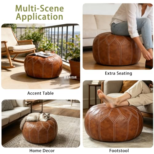 Thgonwid Round Unstuffed Pouf Cover, Faux Leather Storage Ottoman, Boho Moroccan Foot Stool, Multi-Purpose Home Decor for Living Room, Bedroom and Balcony, Brown, No Filling Included