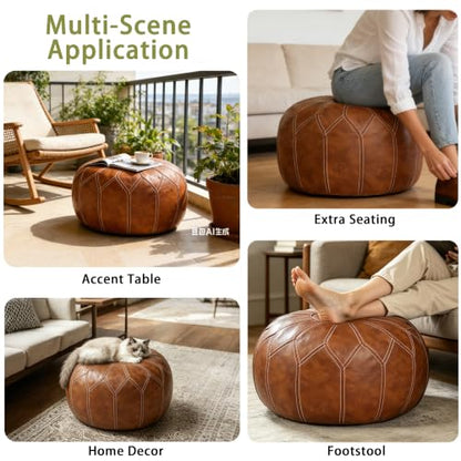 Thgonwid Round Unstuffed Pouf Cover, Faux Leather Storage Ottoman, Boho Moroccan Foot Stool, Multi-Purpose Home Decor for Living Room, Bedroom and Balcony, Brown, No Filling Included