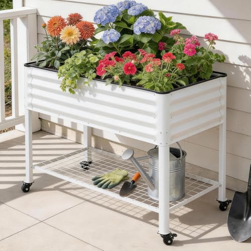 Elevated Raised Garden Bed Outdoor with Shelf, Wheels, 2' X 4', White | Galvanized Metal Planter Box, Drainage Holes, Leg, Gloves, Tools, Rubber Strips, for Backyard, Patio,Flowers, Herbs, Balcony