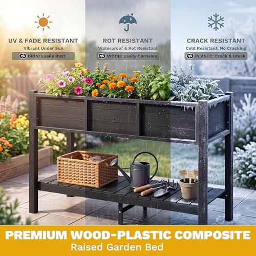 DWVO 48x18x30in Raised Garden Bed Kit, HDPE Planter Box Stand, Poly Wood Weather-Resistant Planter Box with Legs & Storage Shelf, Elevated Garden Bed for Backyard, Patio, Balcony,Black