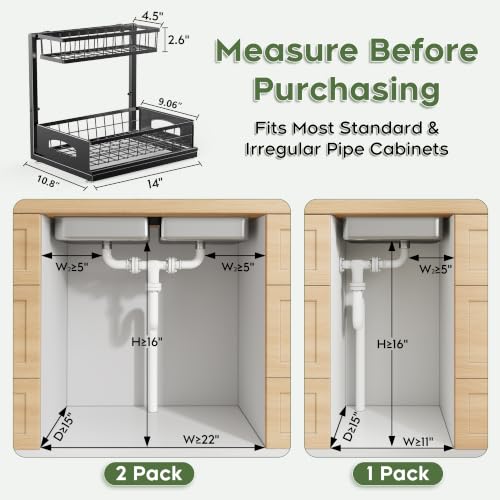 Under Sink Organizer, 2 Pack Cabinet Organizer for Kitchen, Height Adjustable Pull Out Heavy Duty 2 Tier Metal Under Sink Storage for Bathroom Pantry (Black, 2 Pack)