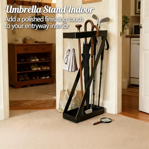 Umbrella Holder for Entryway, Black Umbrella Stand Indoor Stores Umbrellas Canes Equipped with Hooks Ideal for Home, Office , Hotel Lobby of Umbrella Storage Rack