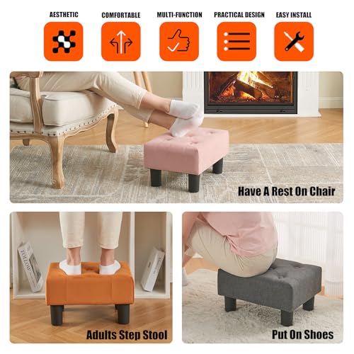 BRIAN & DANY Small Foot Stool, Linen Foot Stools with Legs, Stable Small Footstool for Living Room, Gray