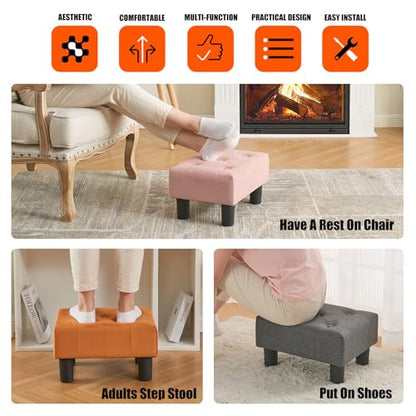 BRIAN & DANY Small Foot Stool, Linen Foot Stools with Legs, Stable Small Footstool for Living Room, Gray