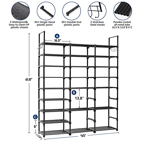 Mavivegue 9-Tier Metal Shoe Rack - Holds 50-55 Pairs, Tall Storage Shelf for Shoes, Boots, Entryway, Closet, Garage