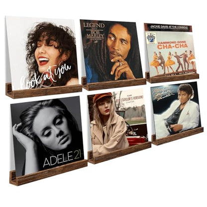 Vinyl Record Shelf Wall Mount, Pack of 6 Floating Shelves for Wall | 12 inch Wooden Album Record Holder Display for Wall, Magazine Rack, Kids Bookshelf for Bedroom, Living Room, Rustic Brown