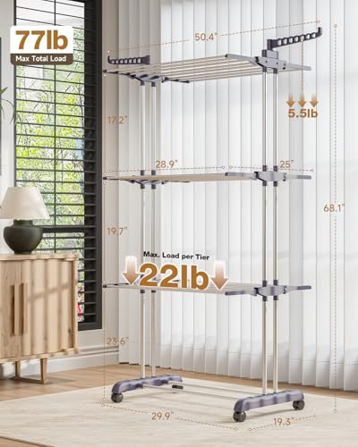 Bigzzia Clothes Drying Rack Folding with Wheels Drying Rack Clothing Clothes Horses Rack Stainless Steel Laundry Drying Rack with Two Side Wings 4 Tier Grey