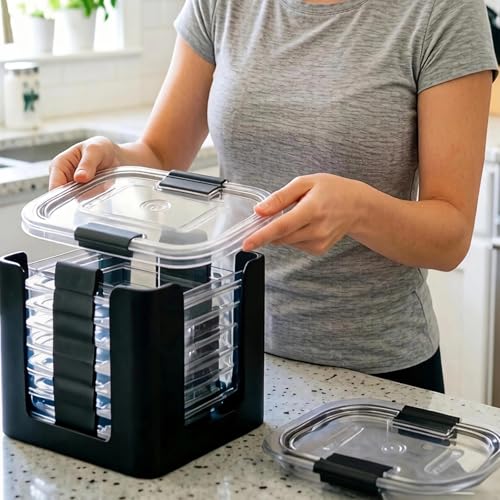 4 Pcs Lids Organizer for Rubbermaid Brilliance Lids | Stack-able Lid Storage, Holds 4.7 Cup, 3.2 Cup & 1.3 Cup Food Containers, Inside Cabinet