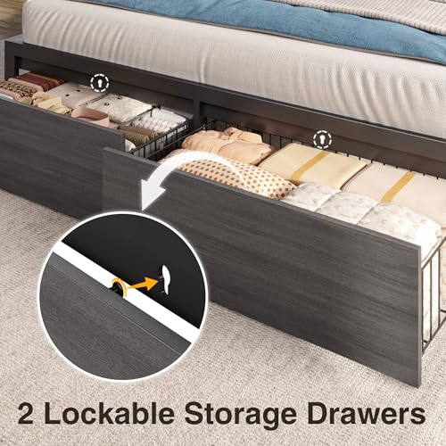 PHGLL Queen Bed Frame with 2-Layer Storage Headboard, Platform Metal Bed Frame with 2 Storage Drawers & 20W Fast-Charging Station & LED, Noise-Free, No Box Spring Needed, Easy Assembly, Rustic Grey