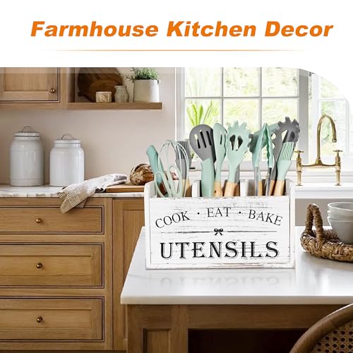 Kitchen Utensil Holder with 3 Compartments, Wooden... (Brown | Wood)
