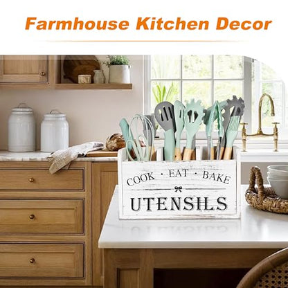 Kitchen Utensil Holder with 3 Compartments, Wooden... (Brown | Wood)