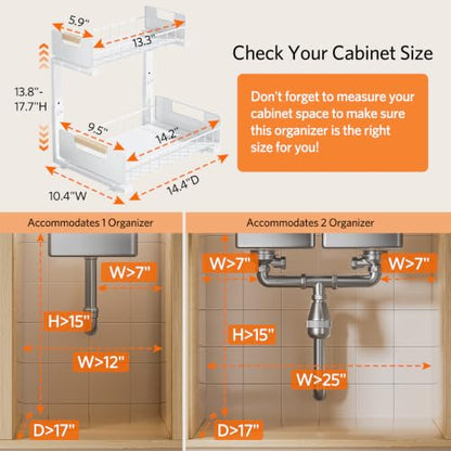 Delamu Under Sink Organizer Kitchen, 2-Tier Pull-Out Cabinet Shelf, 2-Pack | 2-Tier Smooth Slide, 5 Adjustable Heights, Anti-Tip Suction Cups, Sturdy Metal, For Kitchen Bathroom Pantry Laundry, White