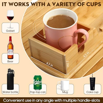 Bamboo Couch Arm Tray with Detachable Cup Holder, 2 in 1 Foldable Anti-Falling Design for Cups, Snacks, Remote, Cellphone