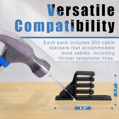Cable Stackers 200 Pack, Multi-Cable Electrical Wire Clips with Steel Nails | Durable Black Plastic Electrical Wire Staples for Power and Telephone Cables, Hammer-In Design Organizes Thick and Thin Cords