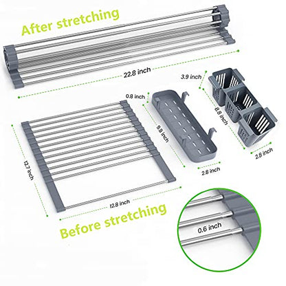 BBXTYLY Expandable Roll Up Dish Drying Rack Up to 22.8''with 2 Storage Baskets,Over The Sink Kitchen Rolling up Dish Drainer Drying Rack, Foldable,Rollable,for Kitchen Dishes(Expandable Width Size)