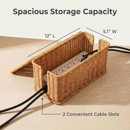 Cable Management Box, Scalloped Faux Rattan Cord Organizer Basket with Lid, Decorative Cord Hider Box with 2 Cable Slots for Power Strip, Small Router, USB Hub, Desk, TV Stand & Home Office, Natural