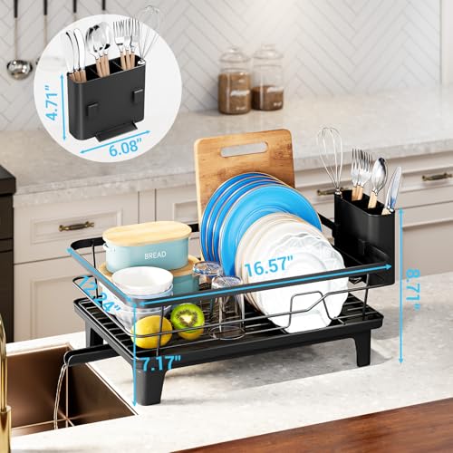 Urakify Dish Drying Rack for Kitchen Counter, 16.5" L x 12.2" W, Black | Large Dish Drainer with Cutlery Holder, Sink Dish Rack with Drainboard for plate dish silverware, Space Saving
