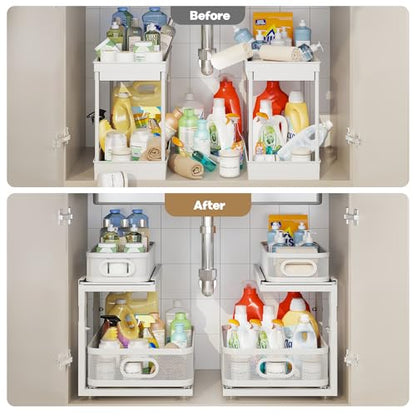 2 Pack Under Sink Organizer With Next-Gen Ball-Bearing Slides,2-Tier Precision Mesh Pull Out Cabinet Drawers Storage for Bathroom&Kitchen,Height Adjustable Shelf,Rust-resistant-Patent Pending