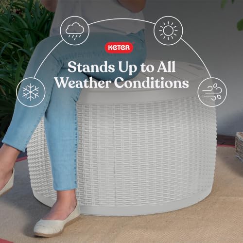 Keter Circa 37 Gallon Resin Deck Box Stool, All-Weather Outdoor Storage Seat with Rattan-Look Finish, Durable Patio Storage Bench for Cushions, Garden Tools, Pool Accessories