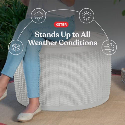 Keter Circa 37 Gallon Resin Deck Box Stool, All-Weather Outdoor Storage Seat with Rattan-Look Finish, Durable Patio Storage Bench for Cushions, Garden Tools, Pool Accessories