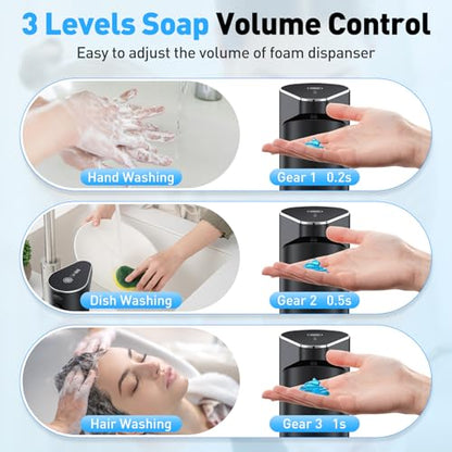 Automatic Liquid Soap Dispenser, 3 Levels for Kitchen and Bath | For Hand and Dish Soap, Responsive Sensor, Type-C Charging, 90-day Use, Wall Mountable, IPX5 Waterproof, 350ML, Black Gel