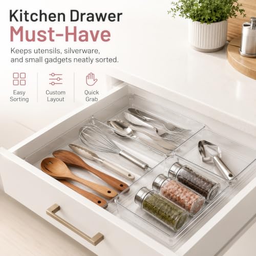Drawer Organizer, 10 Pack Large Clear Plastic Organizer Bins 5 Sizes, Versatile Bathroom Drawer Trays, Heavy Duty Non‑Slip Drawer Dividers for Makeup, Office & Kitchen Utensils