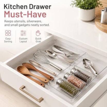 8 Pack Large Clear Plastic Drawer Organizer Bins - Acrylic Bathroom Drawer Organizer Trays - Heavy Duty Kitchen Drawer Dividers for Utensils - Non-Slip Storage Bins for Makeup, Bedroom, Office Desk
