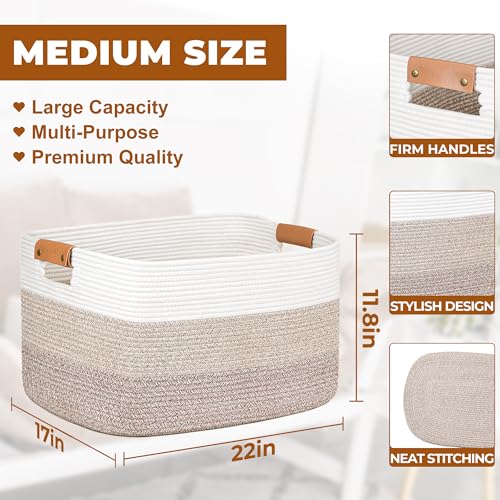 Blanket Basket, 72L Woven Storage basket with Leather Handle, Eco-friendly Decorative Storage Organization in Bathroom & Living Room for Towels 22 ''*17 ''*11.8 '', Gradient Brown
